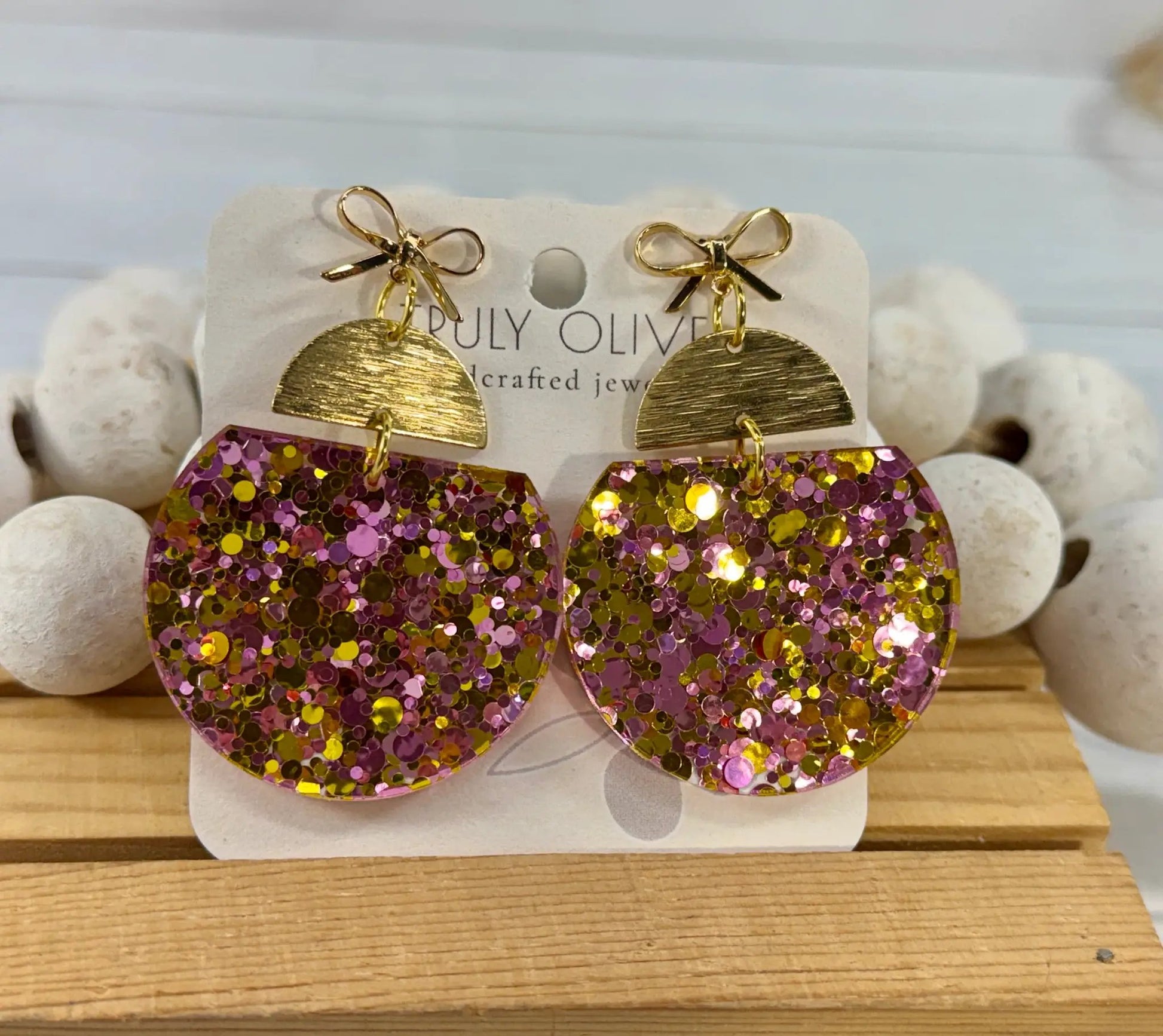 Truly Olive Pink & Gold Glitter Statement Earrings with Gold Bow Handmade Acrylic Earrings - Earrings Stud/Post Earrings