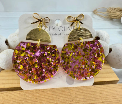 Truly Olive Pink & Gold Glitter Statement Earrings with Gold Bow Handmade Acrylic Earrings - Earrings Stud/Post Earrings