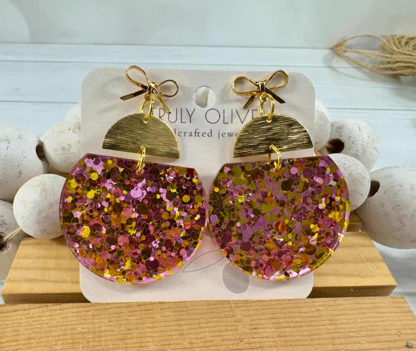 Truly Olive Pink & Gold Glitter Statement Earrings with Gold Bow Handmade Acrylic Earrings - Earrings Stud/Post Earrings