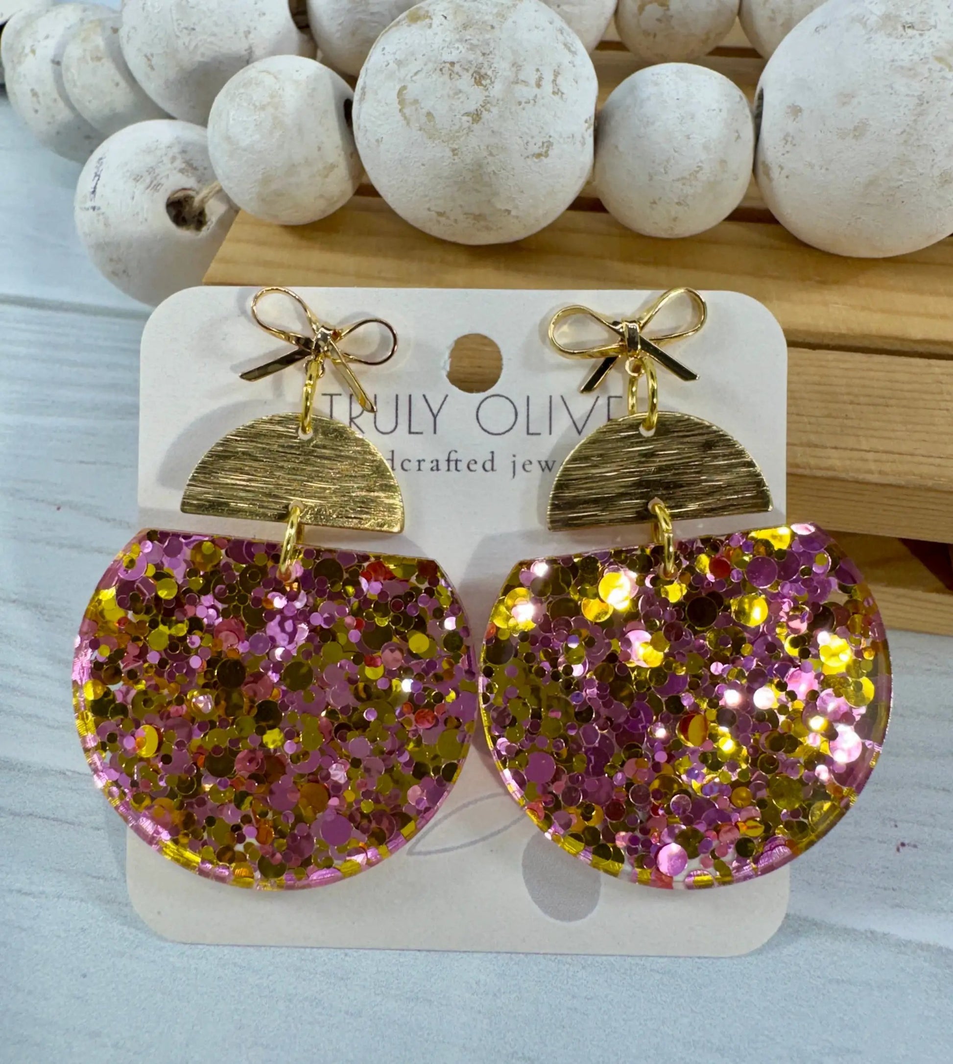 Truly Olive Pink & Gold Glitter Statement Earrings with Gold Bow Handmade Acrylic Earrings - Earrings Stud/Post Earrings