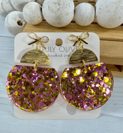 Truly Olive Pink & Gold Glitter Statement Earrings with Gold Bow Handmade Acrylic Earrings - Earrings Stud/Post Earrings