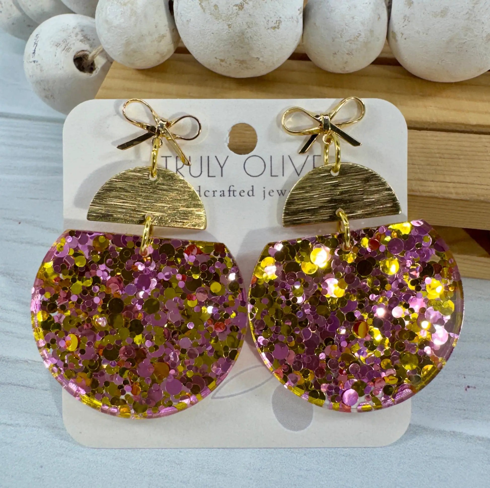 Truly Olive Pink & Gold Glitter Statement Earrings with Gold Bow Handmade Acrylic Earrings - Earrings Stud/Post Earrings