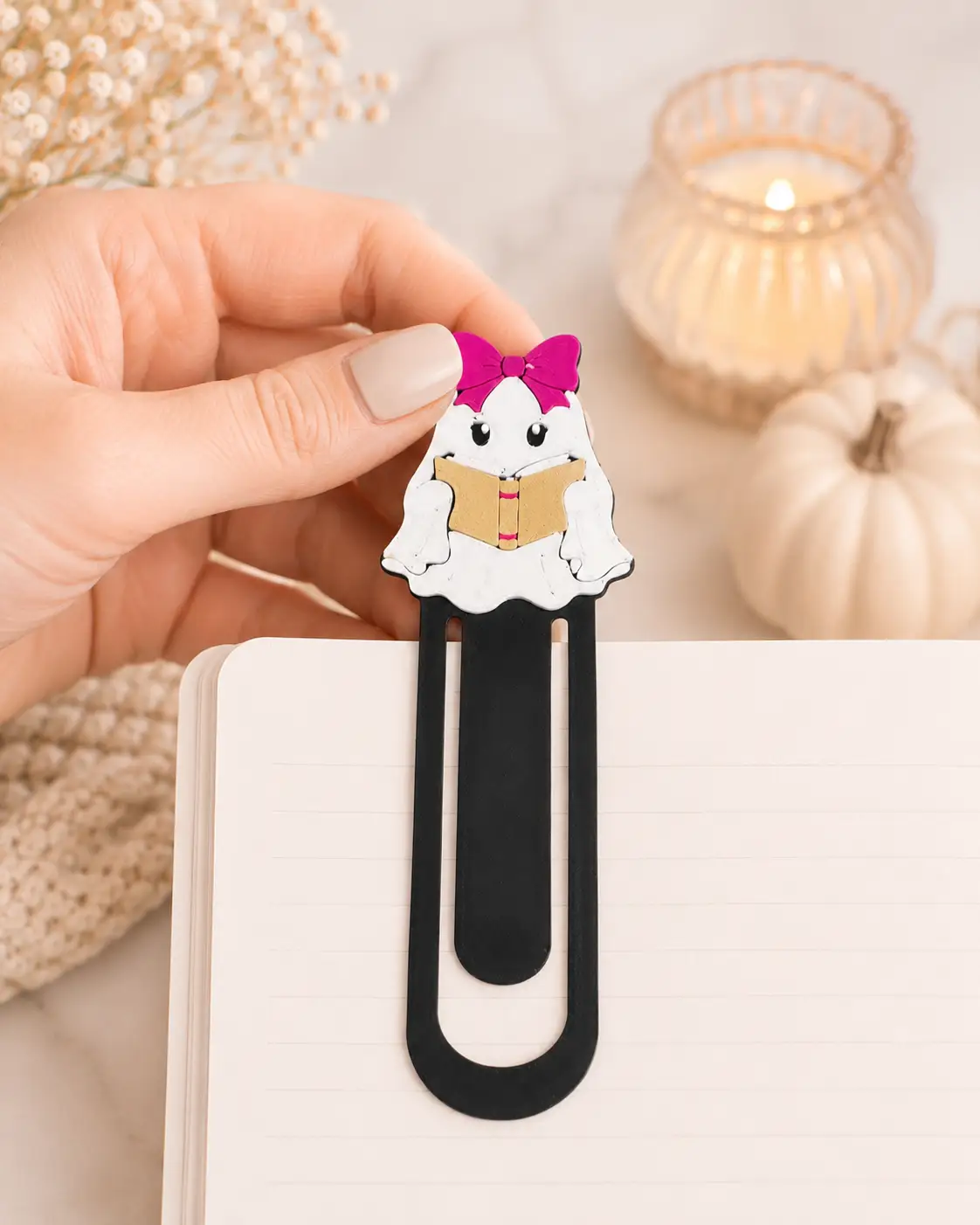 Truly Olive Book Lover Ghost Jumbo Paperclip Bookmark | Pink Bow Halloween Reading Accessory - Bookmarks Jumbo Paperclip