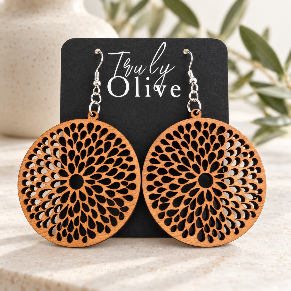 Truly Olive Round Teardrop Cutout Wood Earrings - Earrings Dangle Earrings