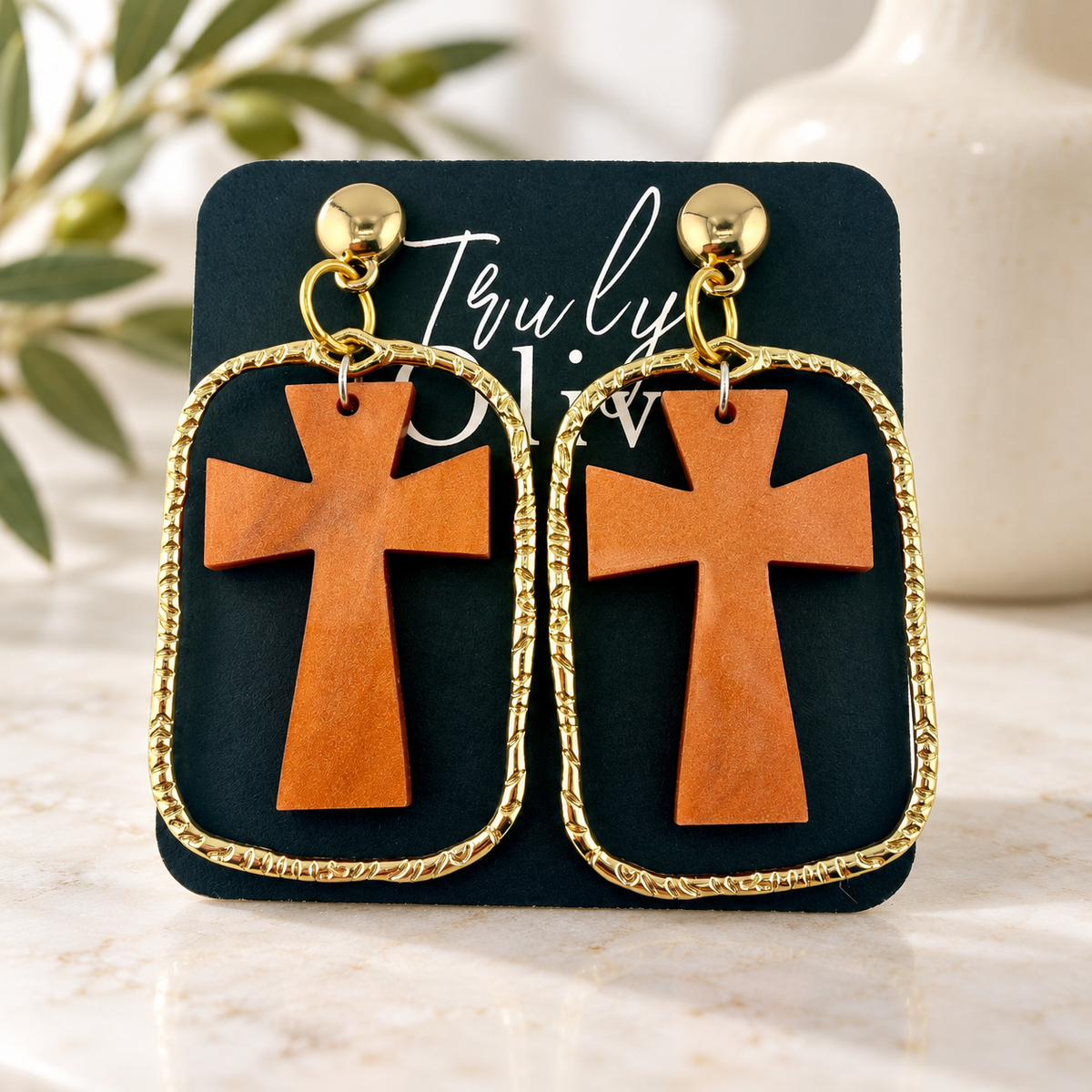 Trulyolive Brown Cross Statement Earrings With Textured Gold Frame - Earrings