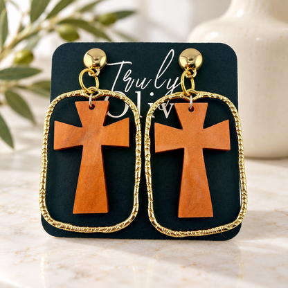 Trulyolive Brown Cross Statement Earrings With Textured Gold Frame - Earrings