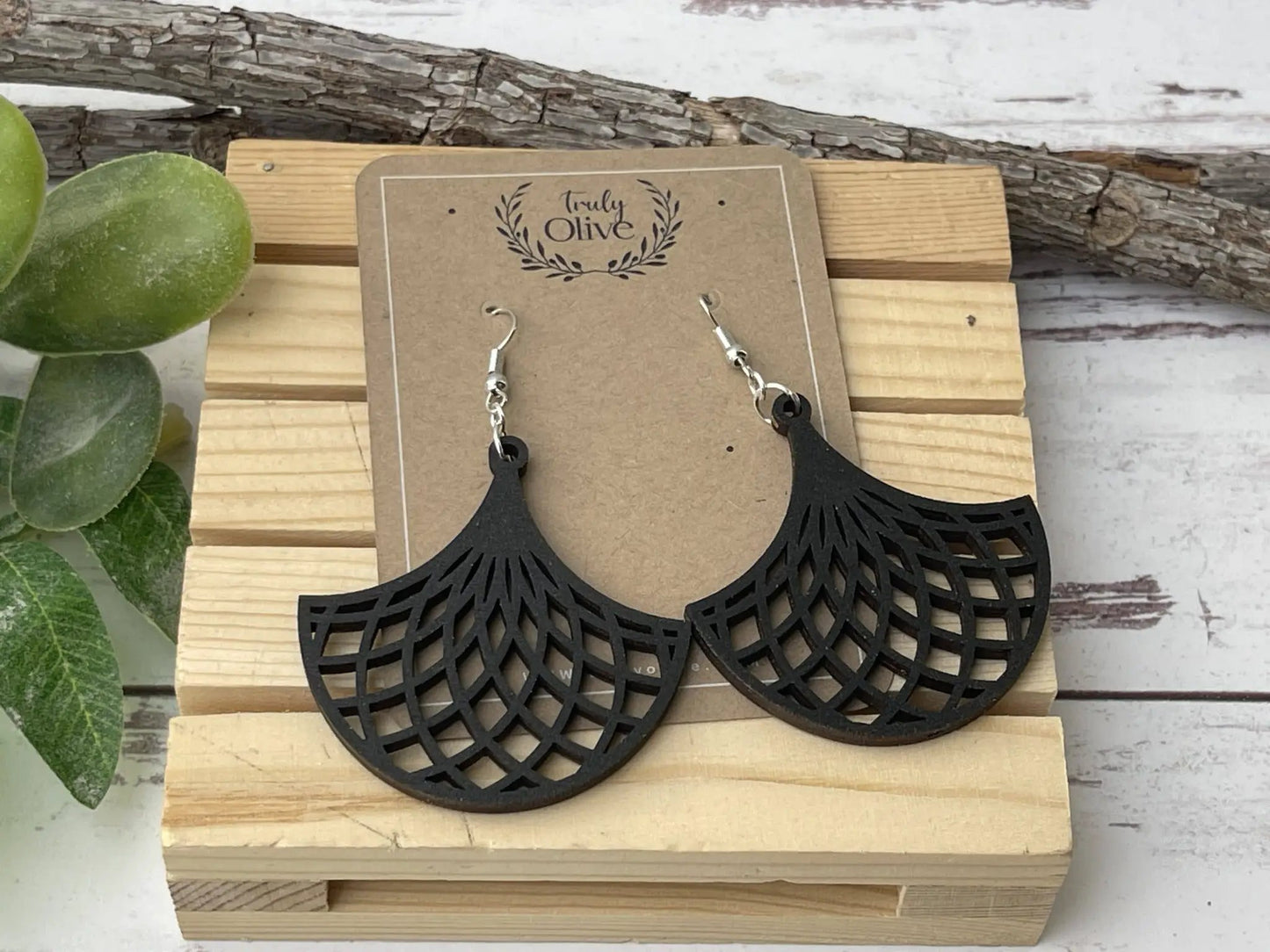 Truly Olive Stunning Wood Mandala Earrings in Unique Fanned Out Shape - Earrings Dangle Earrings
