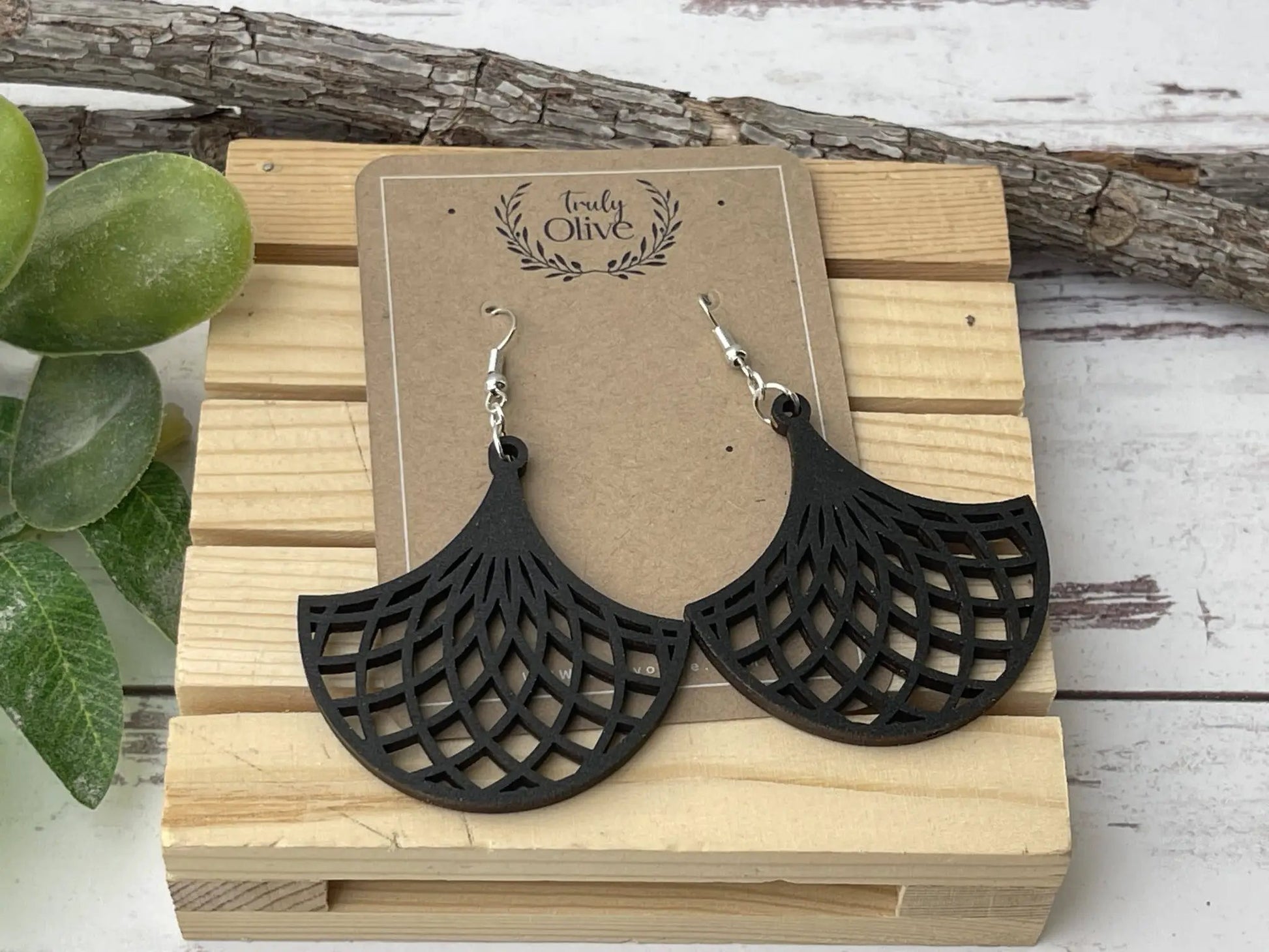 Truly Olive Stunning Wood Mandala Earrings in Unique Fanned Out Shape - Earrings Dangle Earrings