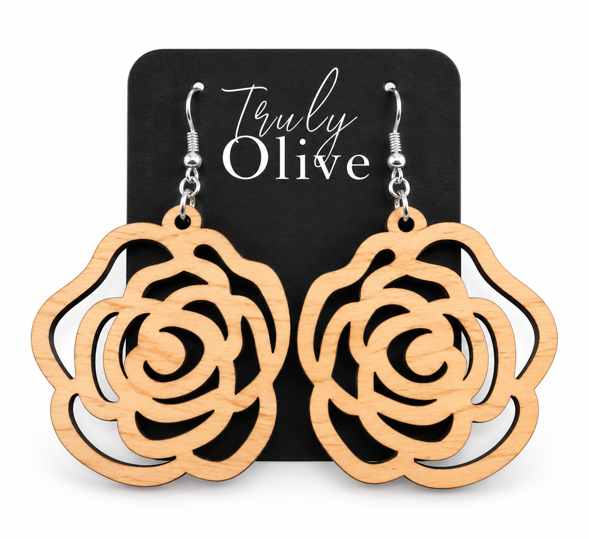 Truly Olive Wood Rose Statement Earrings - Earrings Dangle Earrings