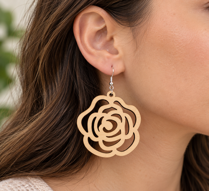 Truly Olive Wood Rose Statement Earrings - Earrings Dangle Earrings