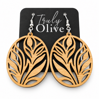Truly Olive Botanical Oval Wood Earrings - Earrings Dangle Earrings