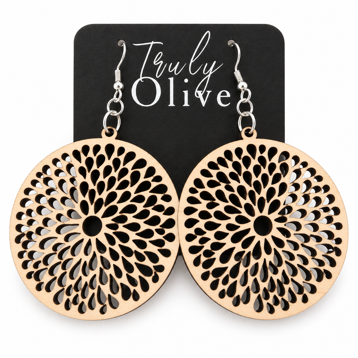 Truly Olive Round Teardrop Cutout Wood Earrings - Earrings Dangle Earrings