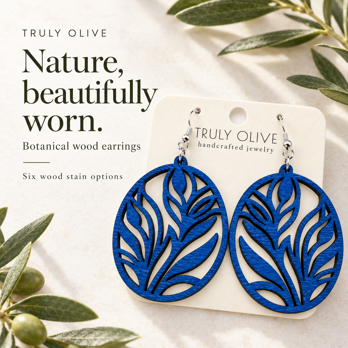 Truly Olive Botanical Oval Wood Earrings - Earrings Dangle Earrings