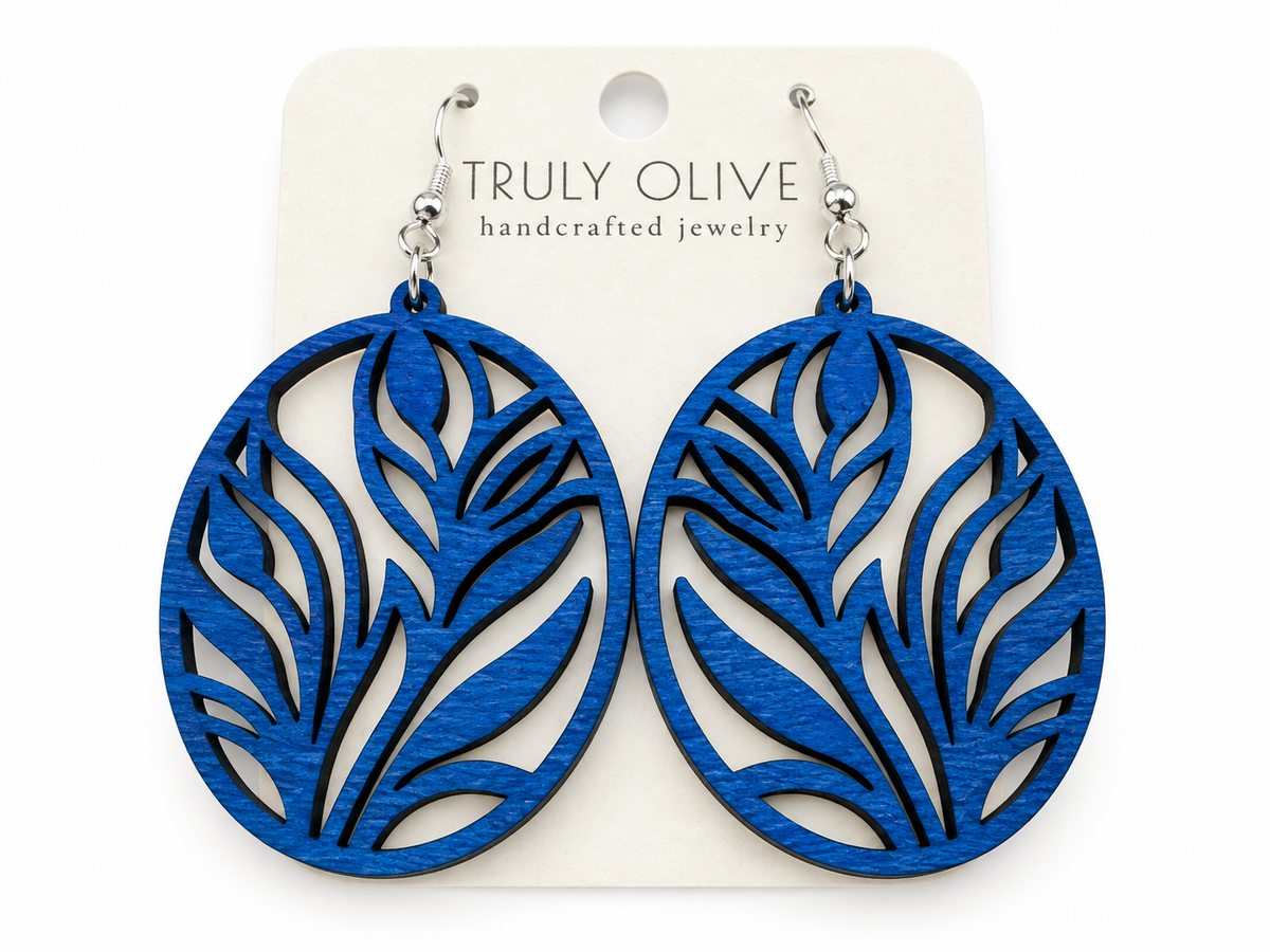 Truly Olive Botanical Oval Wood Earrings - Earrings Dangle Earrings