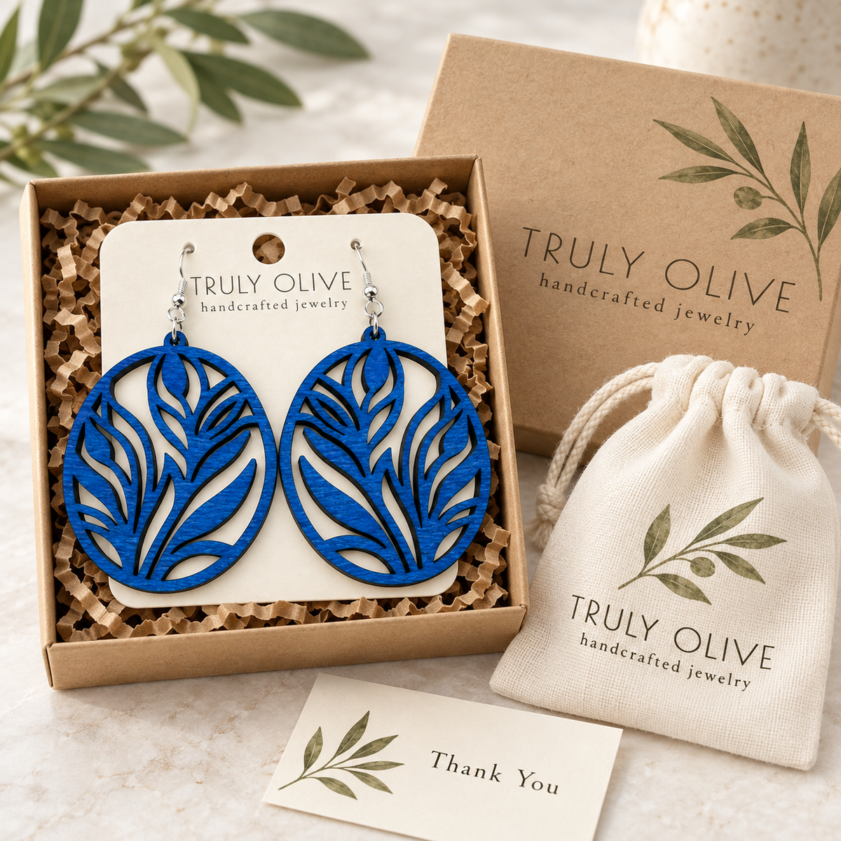 Truly Olive Botanical Oval Wood Earrings - Earrings Dangle Earrings