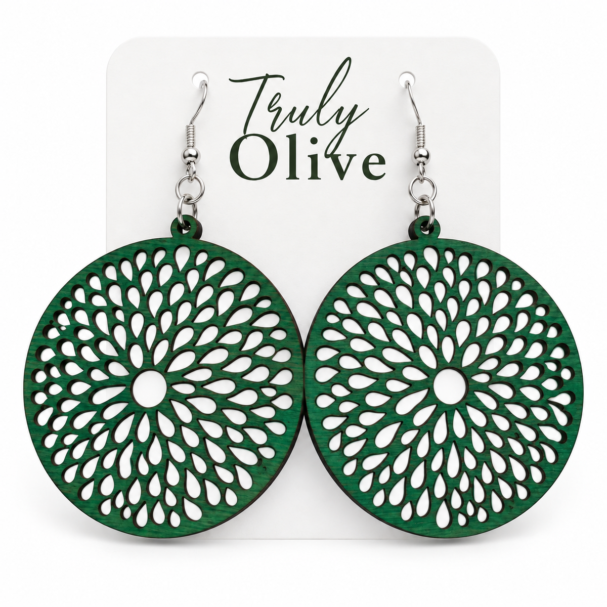 Truly Olive Round Teardrop Cutout Wood Earrings - Earrings Dangle Earrings