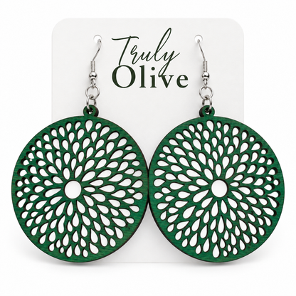 Truly Olive Round Teardrop Cutout Wood Earrings - Earrings Dangle Earrings