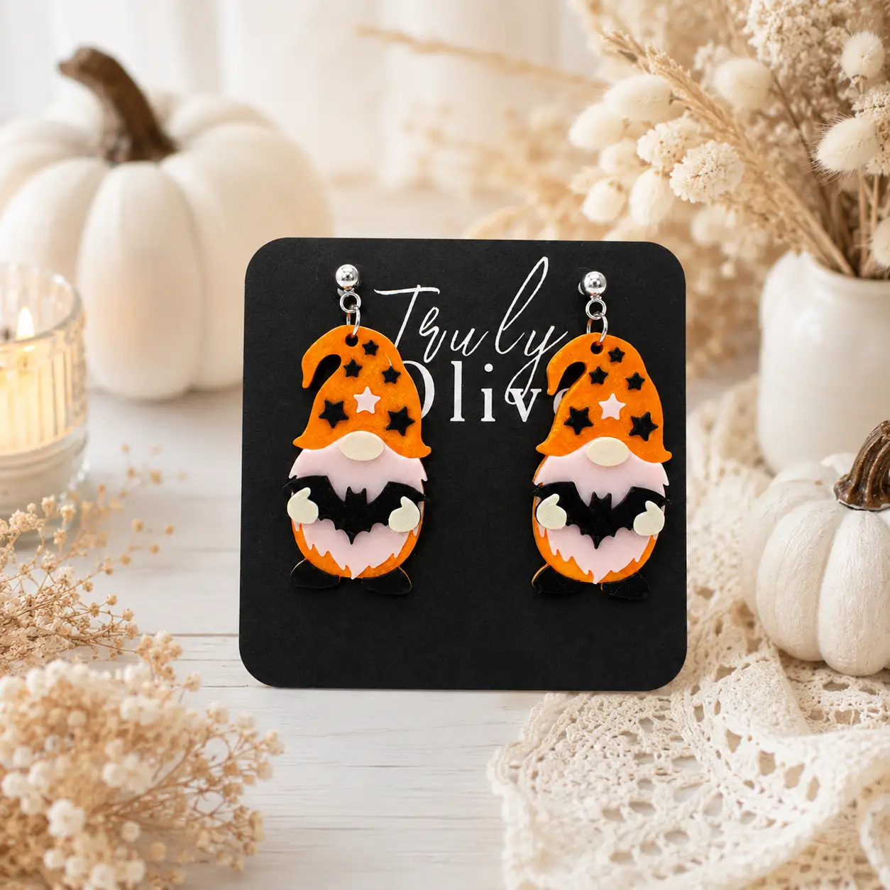 Truly Olive Orange Halloween Gnome Bat Dangle Earrings - Earrings Dangle Earrings
