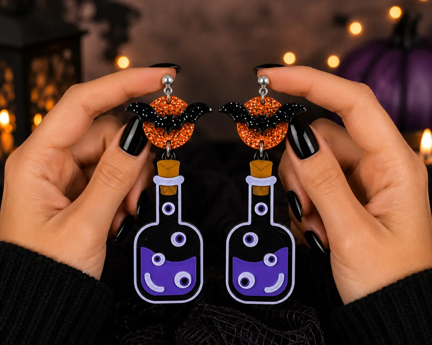 Truly Olive Poison Potion Bottle Halloween Earrings – Spooky Acrylic Dangle Earrings for Women - Earrings Stud/Post Earrings