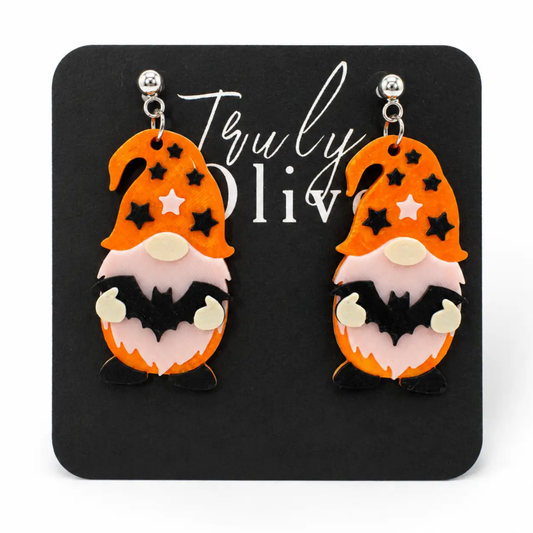 Truly Olive Orange Halloween Gnome Bat Dangle Earrings - Earrings Dangle Earrings