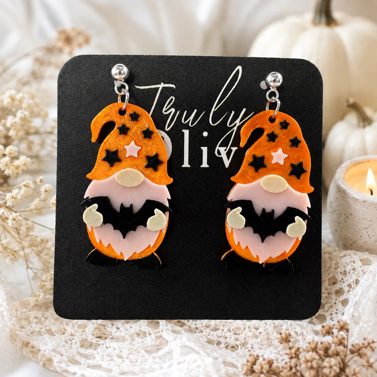 Truly Olive Orange Halloween Gnome Bat Dangle Earrings - Earrings Dangle Earrings