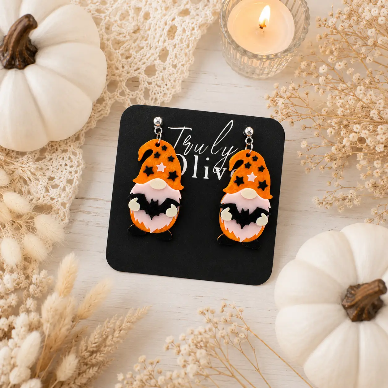 Truly Olive Orange Halloween Gnome Bat Dangle Earrings - Earrings Dangle Earrings