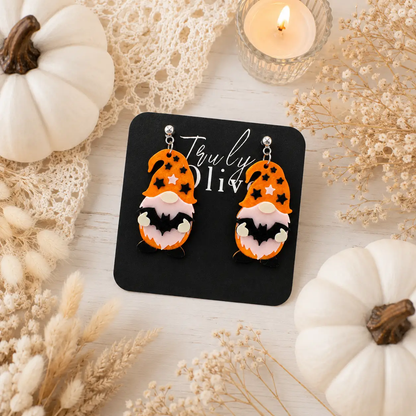 Truly Olive Orange Halloween Gnome Bat Dangle Earrings - Earrings Dangle Earrings