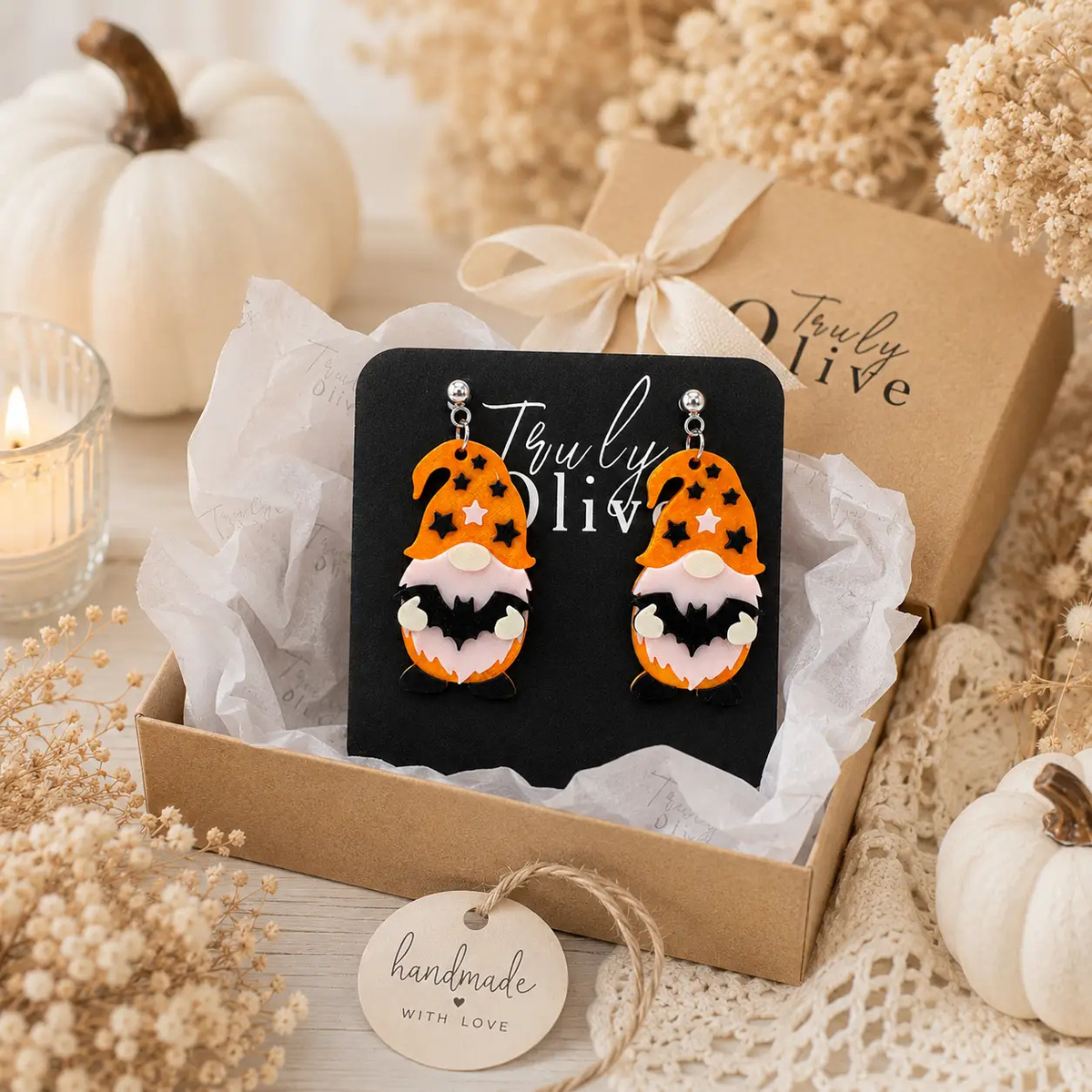 Truly Olive Orange Halloween Gnome Bat Dangle Earrings - Earrings Dangle Earrings
