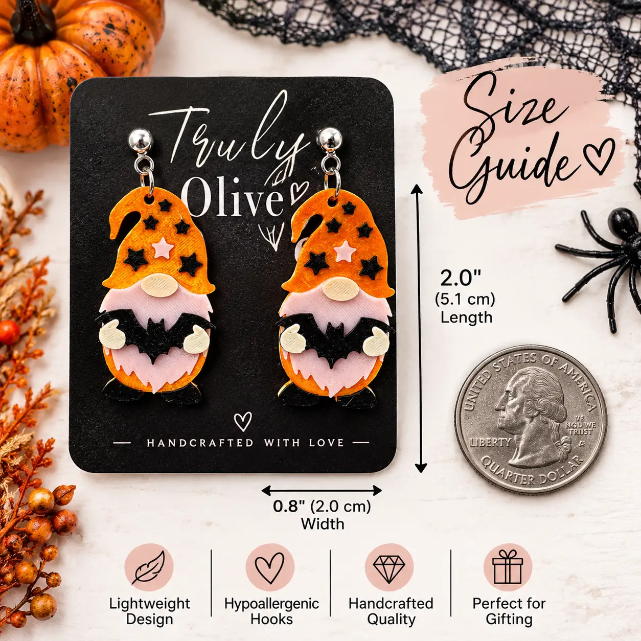 Truly Olive Orange Halloween Gnome Bat Dangle Earrings - Earrings Dangle Earrings