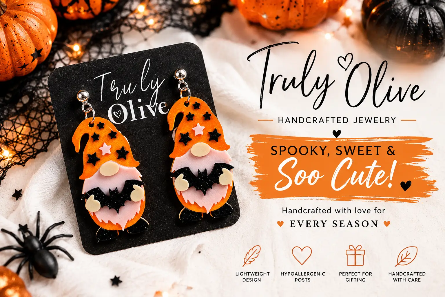 Truly Olive Orange Halloween Gnome Bat Dangle Earrings - Earrings Dangle Earrings