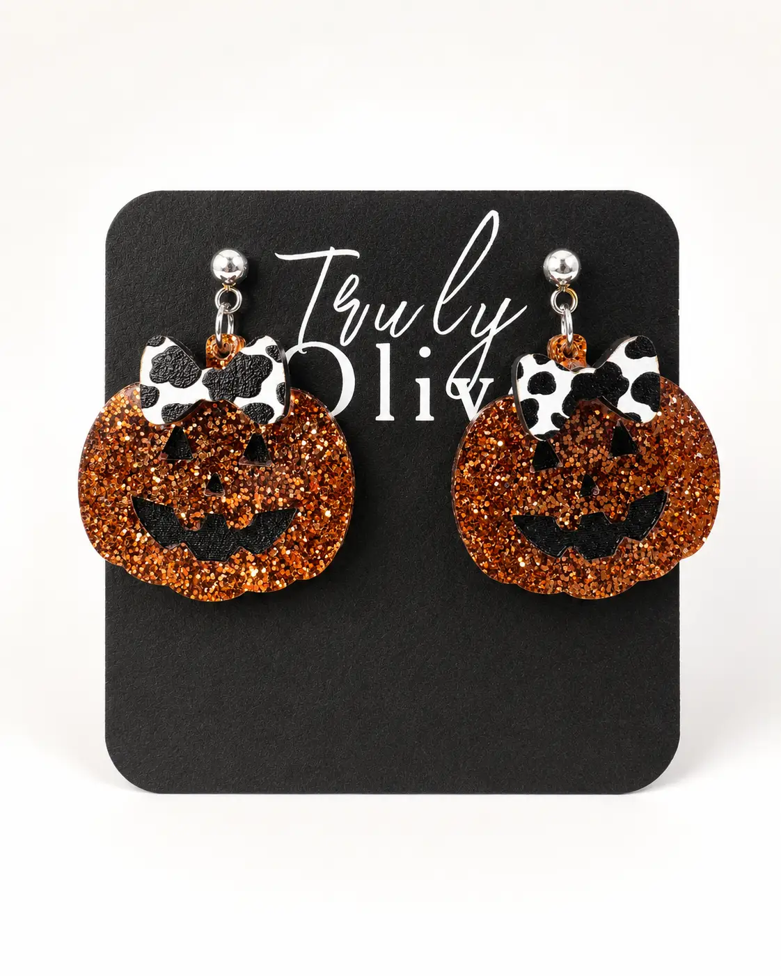 Truly Olive Glitter Jack-O’-Lantern Pumpkin Earrings with Bow - Earrings Dangle Earrings