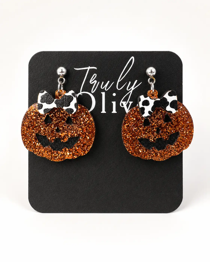 Truly Olive Glitter Jack-O’-Lantern Pumpkin Earrings with Bow - Earrings Dangle Earrings