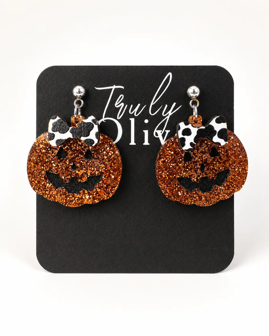 Truly Olive Glitter Jack-O’-Lantern Pumpkin Earrings with Bow - Earrings Dangle Earrings