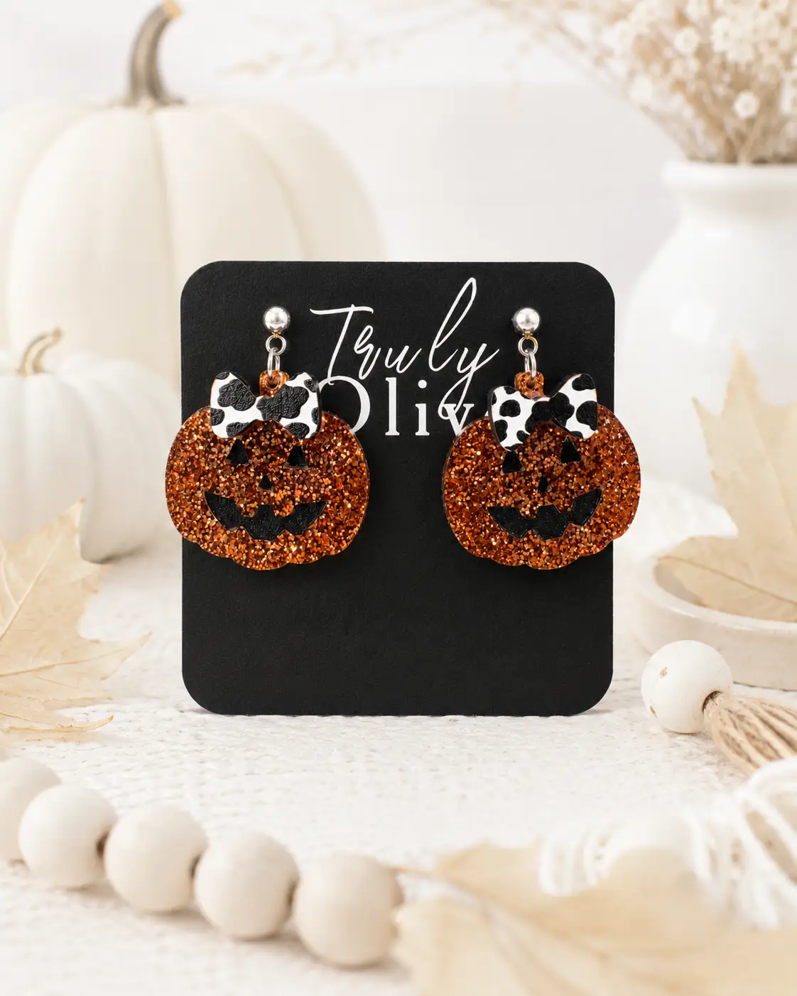 Truly Olive Glitter Jack-O’-Lantern Pumpkin Earrings with Bow - Earrings Dangle Earrings