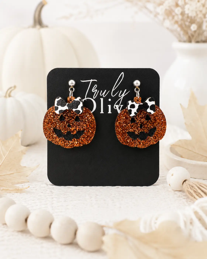 Truly Olive Glitter Jack-O’-Lantern Pumpkin Earrings with Bow - Earrings Dangle Earrings