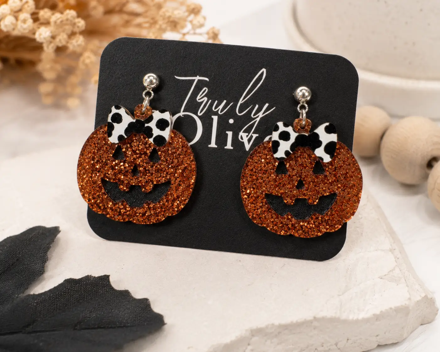 Truly Olive Glitter Jack-O’-Lantern Pumpkin Earrings with Bow - Earrings Dangle Earrings