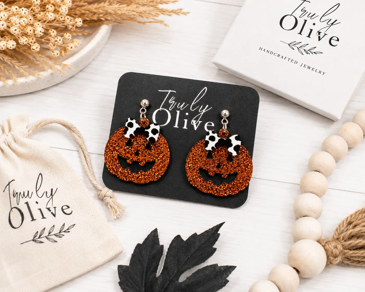 Truly Olive Glitter Jack-O’-Lantern Pumpkin Earrings with Bow - Earrings Dangle Earrings