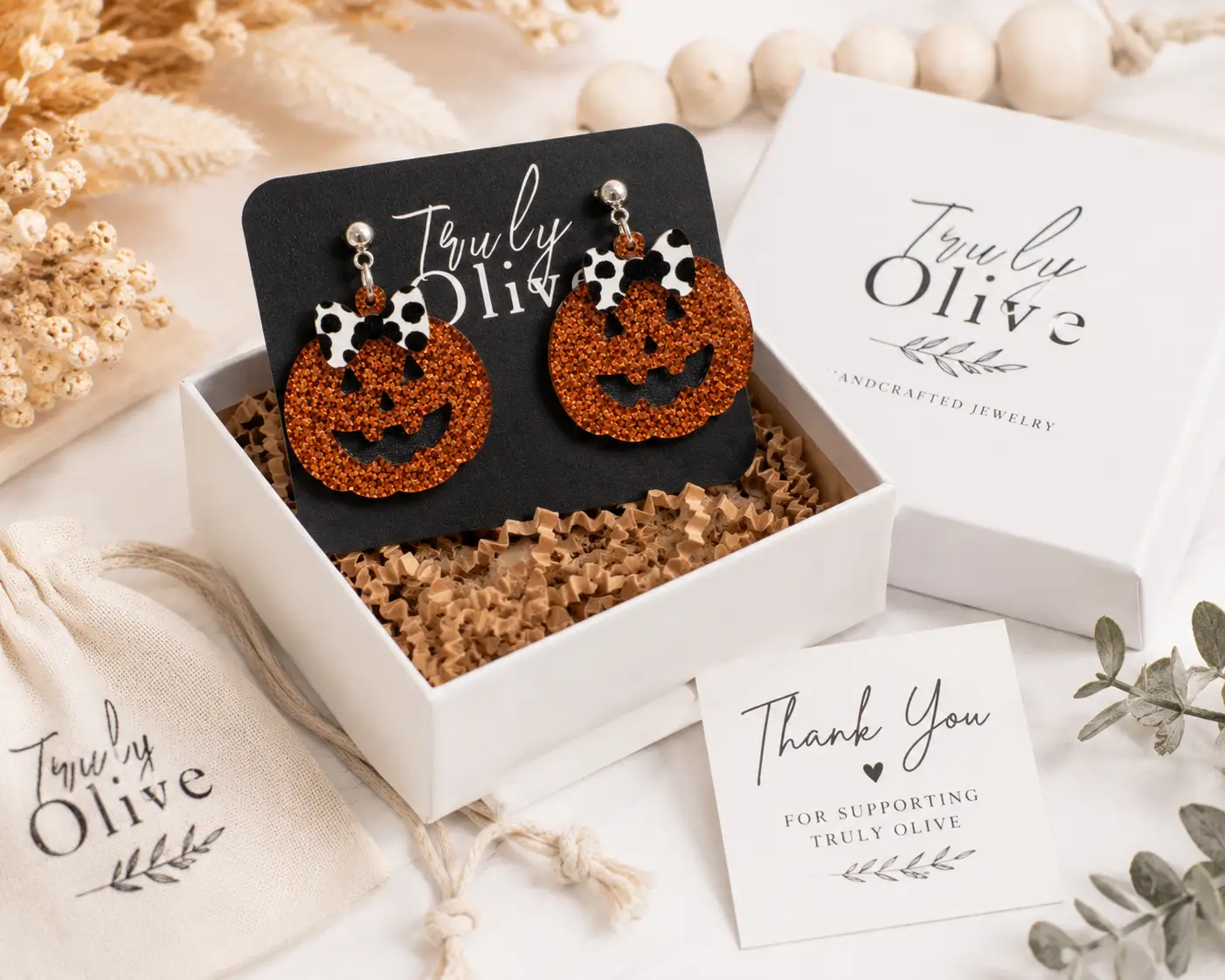 Truly Olive Glitter Jack-O’-Lantern Pumpkin Earrings with Bow - Earrings Dangle Earrings