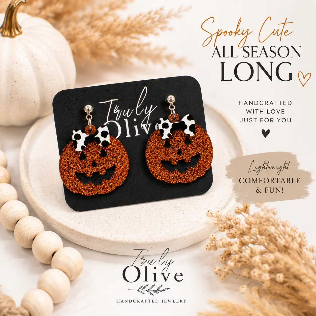 Truly Olive Glitter Jack-O’-Lantern Pumpkin Earrings with Bow - Earrings Dangle Earrings