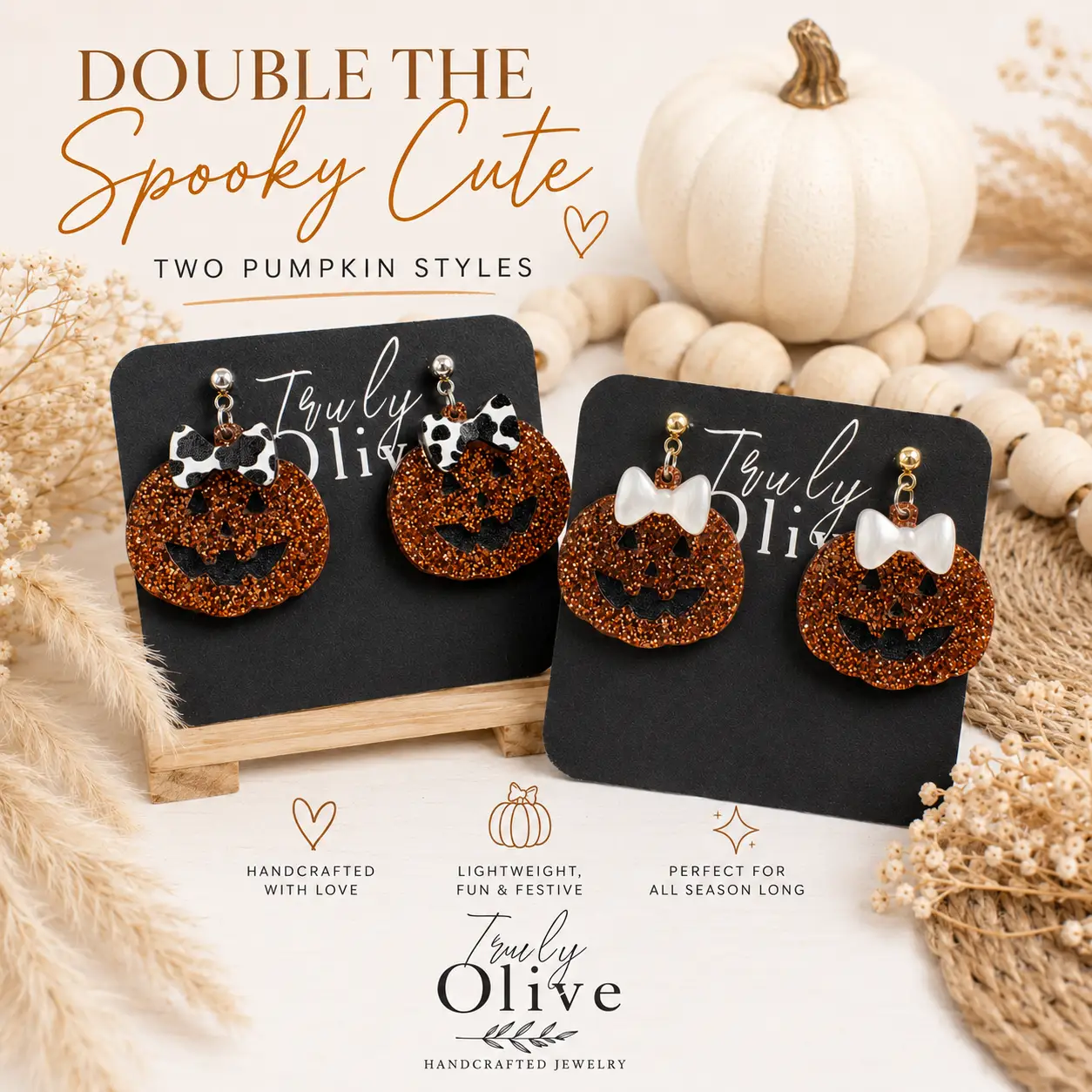 Truly Olive Glitter Jack-O’-Lantern Pumpkin Earrings with Bow - Earrings Dangle Earrings