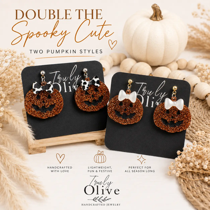 Truly Olive Glitter Jack-O’-Lantern Pumpkin Earrings with Bow - Earrings Dangle Earrings