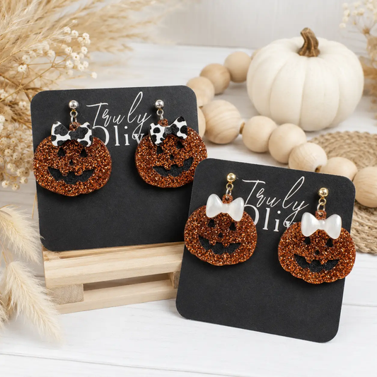 Truly Olive Glitter Jack-O’-Lantern Pumpkin Earrings with Bow - Earrings Dangle Earrings