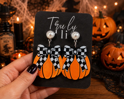 Truly Olive Checkered Bow Pumpkin Earrings For Halloween Style - Earrings Stud/Post Earrings