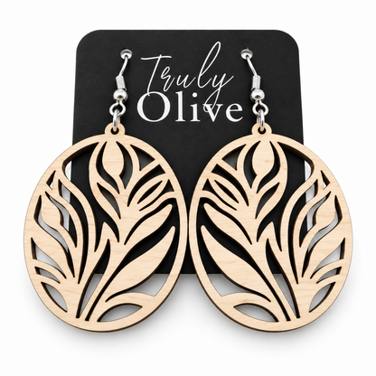 Truly Olive Botanical Oval Wood Earrings - Earrings Dangle Earrings