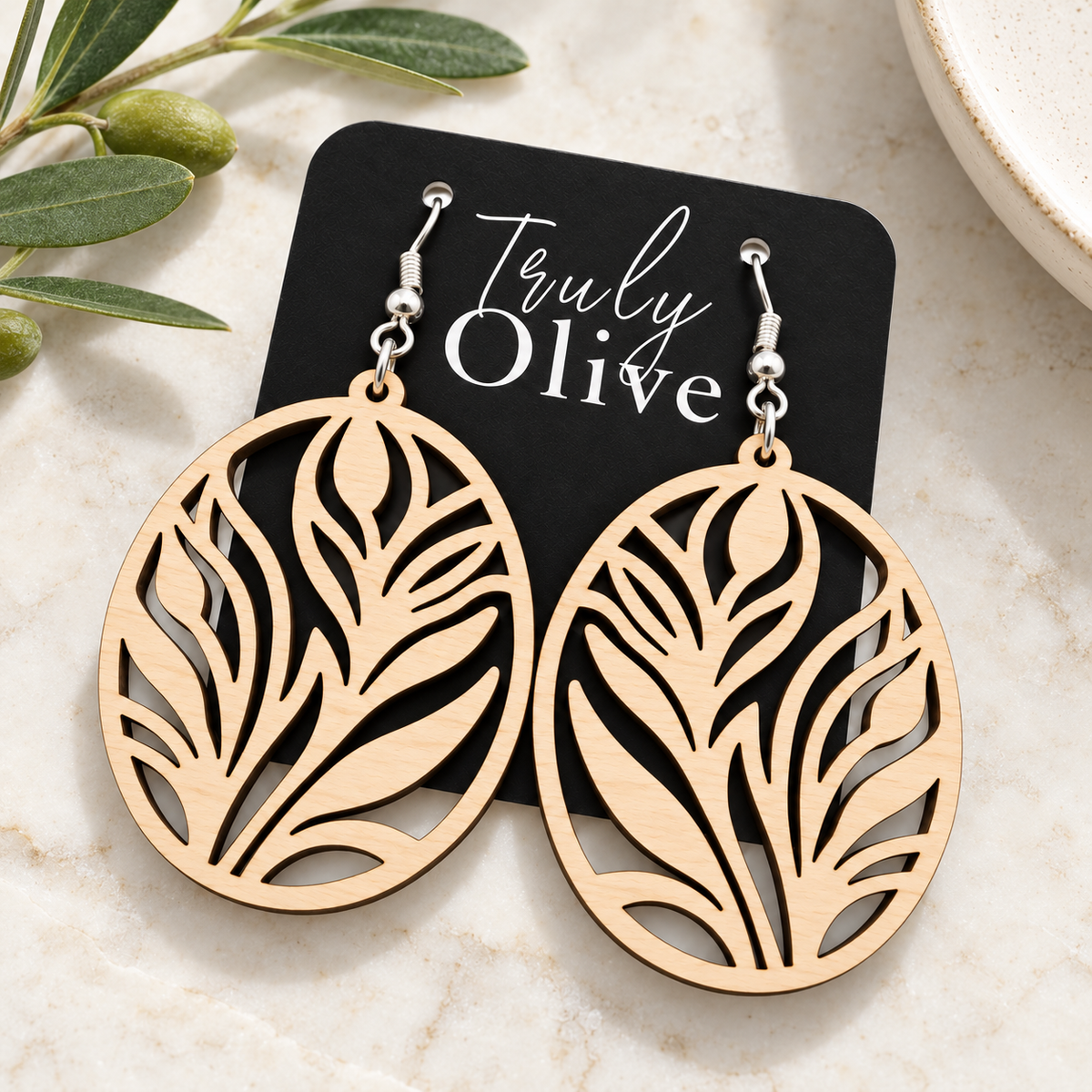 Truly Olive Botanical Oval Wood Earrings - Earrings Dangle Earrings