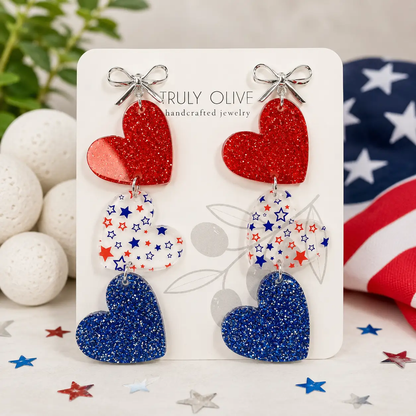 Truly Olive Red White and Blue Heart Dangles - Earrings Dangle Earrings