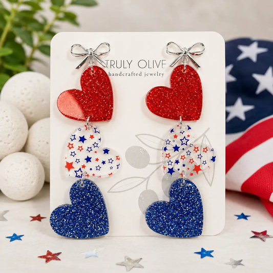 Truly Olive Red White and Blue Heart Dangles - Earrings Dangle Earrings