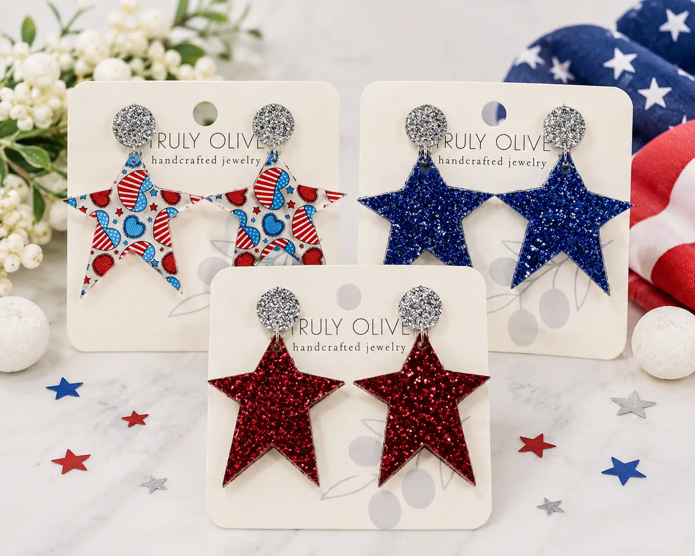 Truly Olive Star Spangled Patriotic Star Post Back Earrings - Earrings Dangle Earrings
