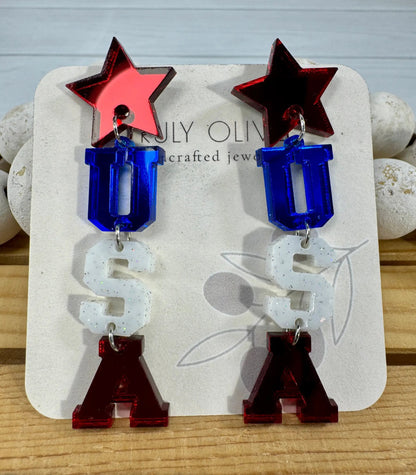 Truly Olive Patriotic Lettered USA Earring Dangles - Earrings Dangle Earrings