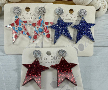 Truly Olive Star Spangled Patriotic Star Post Back Earrings - Earrings Dangle Earrings